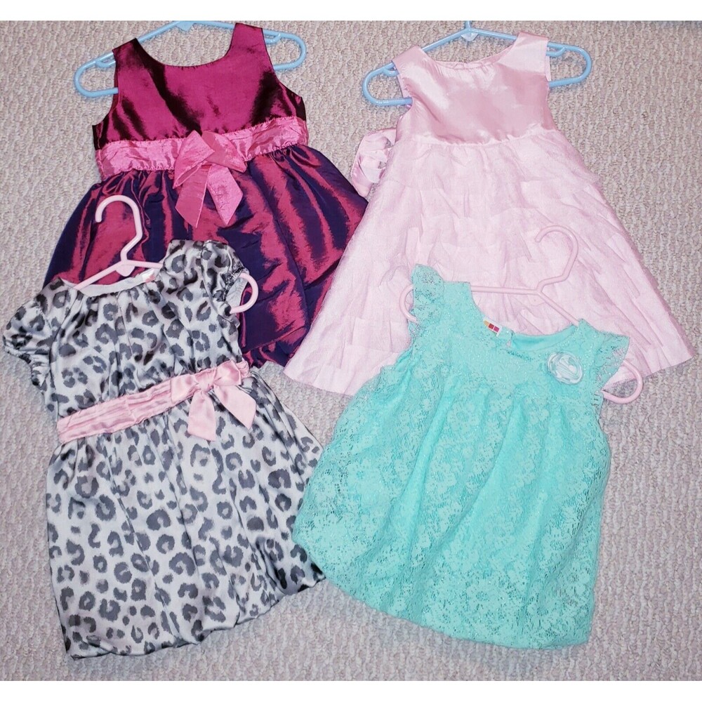 LOT OF 4 BABY GIRL'S DRESSES 18 MO pink green cheetah cotton ruffles bows